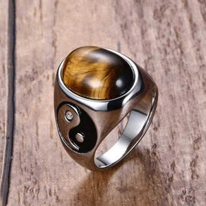 Mens Carved Tiger Eye Ring Yin Yang Tiger-Universe