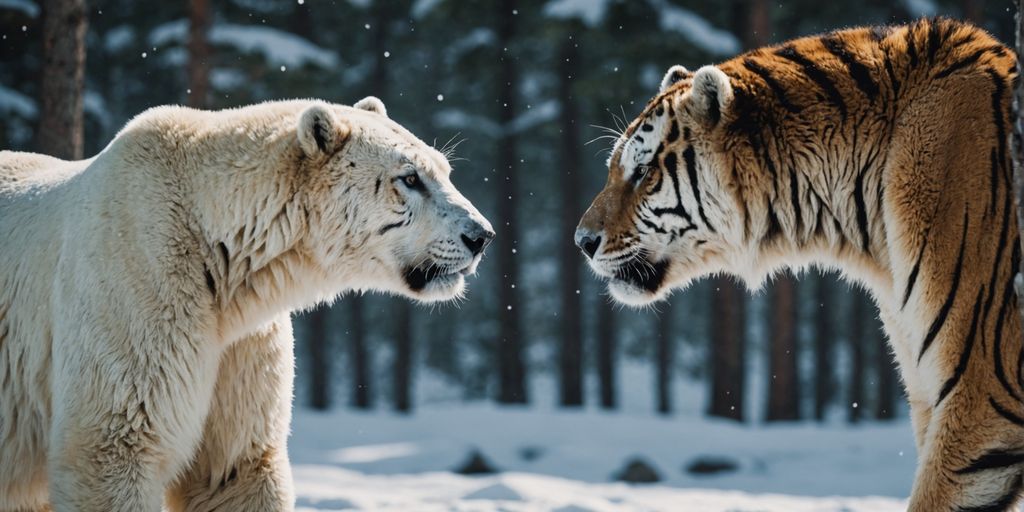 Polar bear and tiger in a snowy face-off