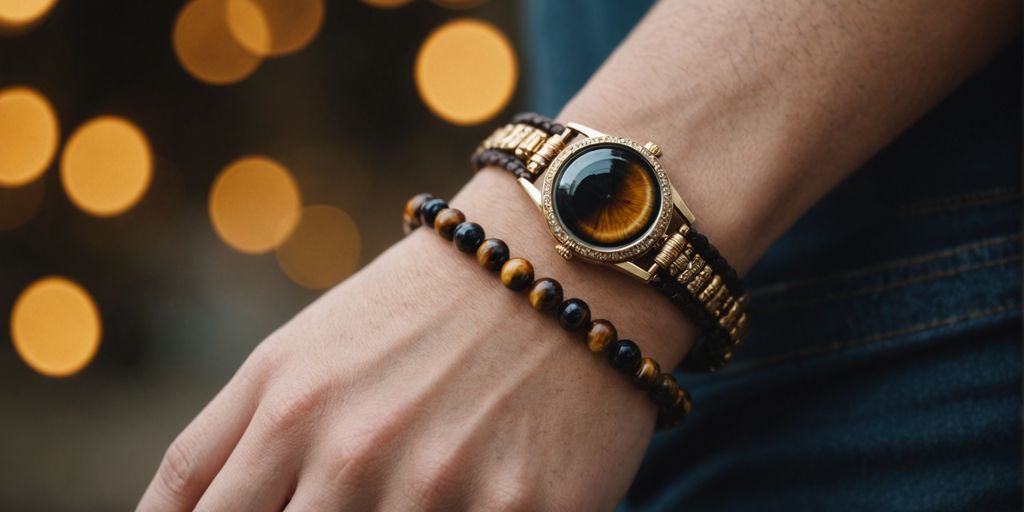 Female hand wearing tiger eye bracelet on wrist