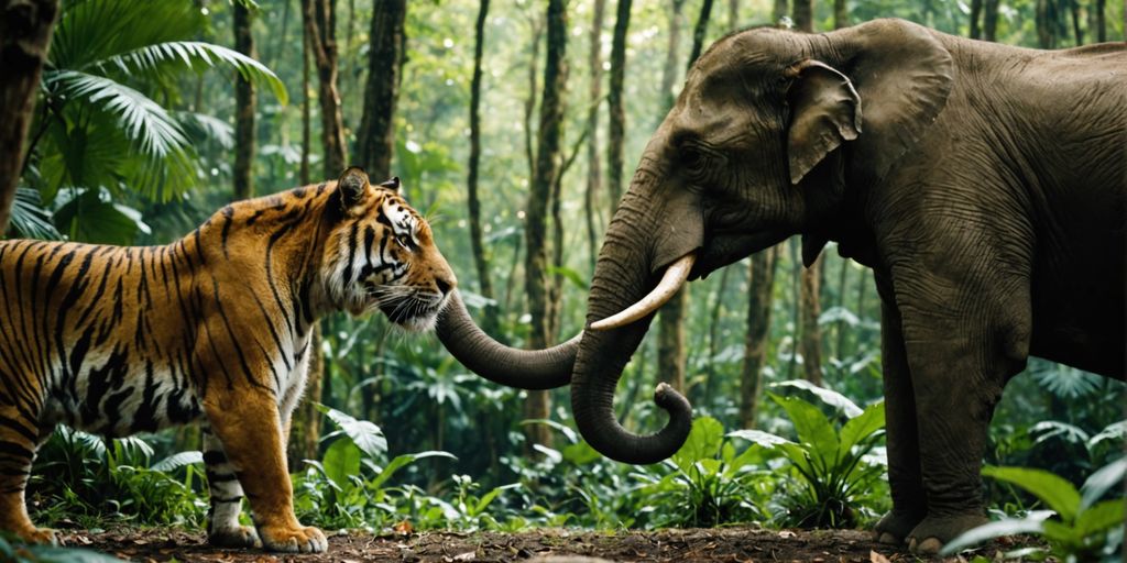 Tiger and elephant in a jungle showdown
