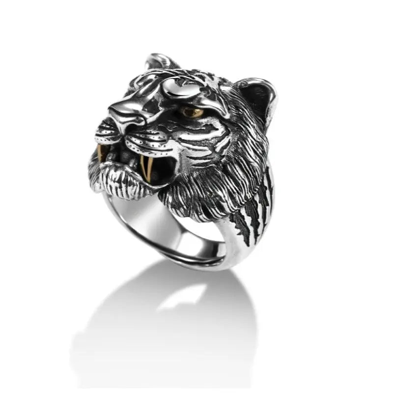 MYTHICAL SILVER TIGER HEAD RING