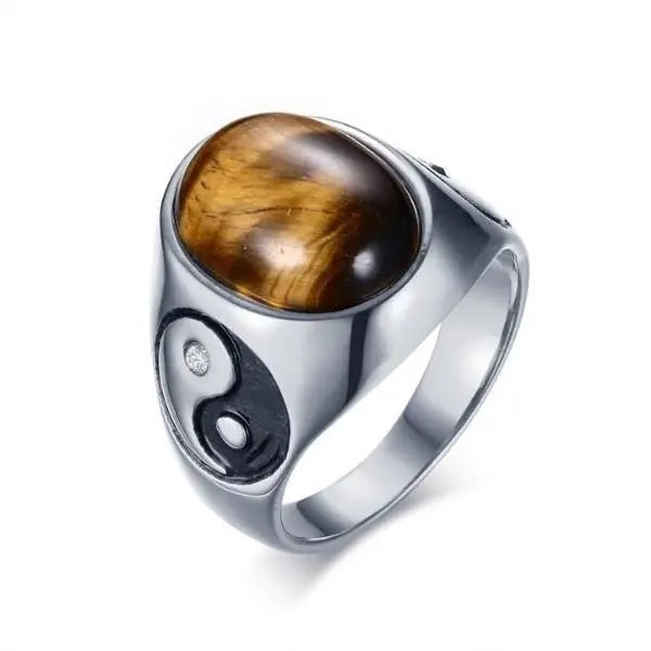 Mens Carved Tiger Eye Ring Yin Yang Tiger-Universe