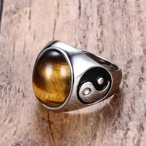 Mens Carved Tiger Eye Ring Yin Yang Tiger-Universe