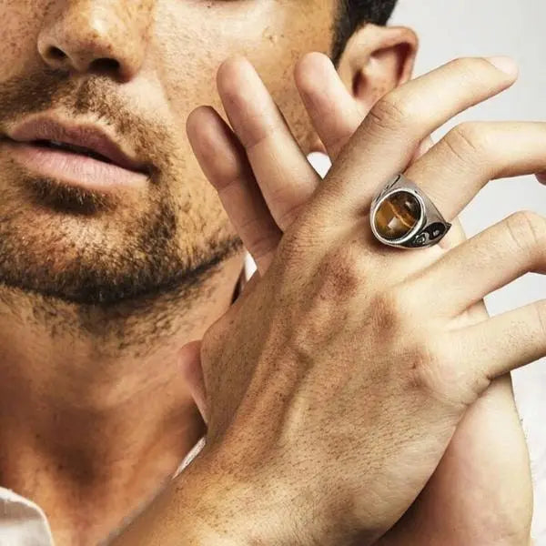 Mens Carved Tiger Eye Ring Yin Yang Tiger-Universe