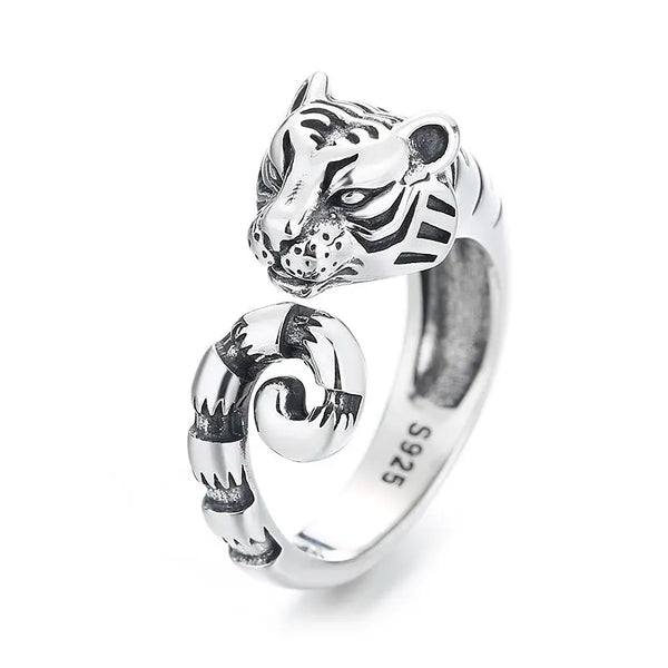 Bague Ancienne En Argent Avec Motif Tigre - Vintage - Poids 20g - Taille Ajustable - Occasion