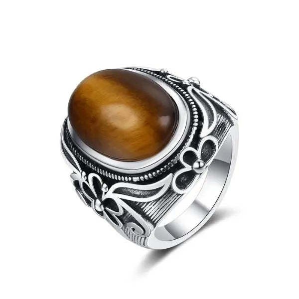 Silver Tiger Eye Ring Carved Flower