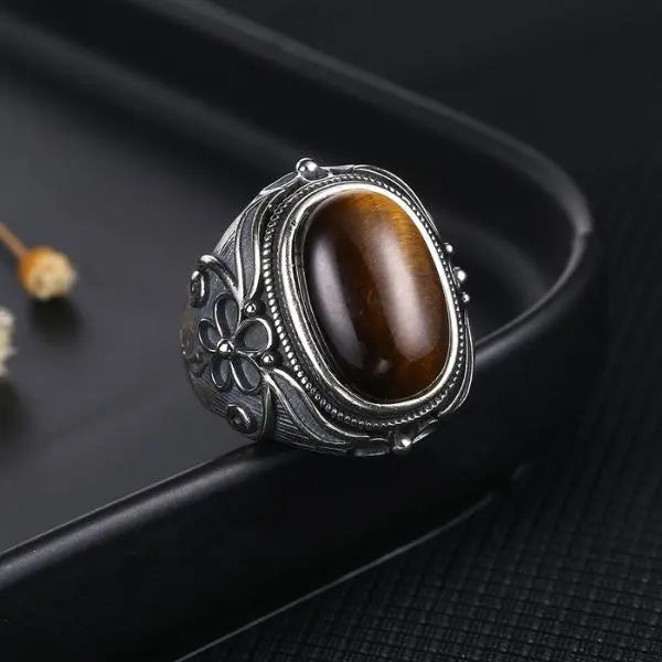 Silver Tiger Eye Ring Carved Flower