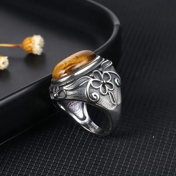 Silver Tiger Eye Ring Carved Flower Tiger-Universe