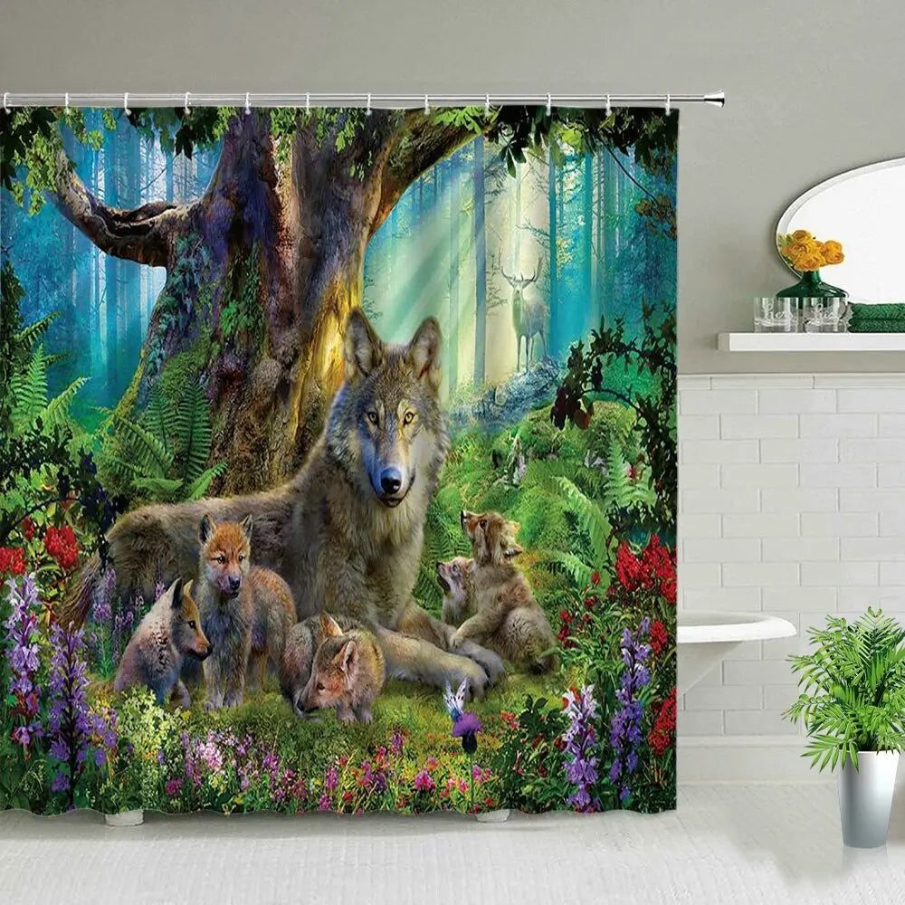 Tropical Jungle Forest Tiger Waterproof Bathroom Shower Curtain with12 Hooks