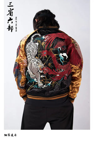 Yokosuka Streetwear Reversible Jackets Coats Black dragon White tiger Phoenix Suzaku Snake turtle Chinese mythical beasts  New Tiger-Universe