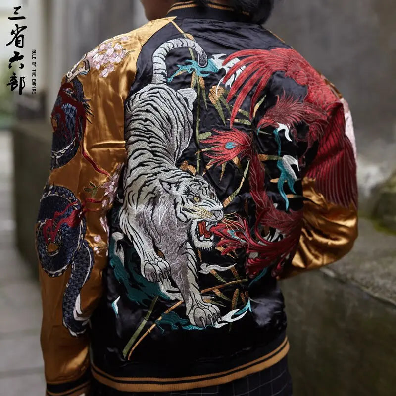 Mens Hooded Jacket Hoodie Sweatshirt Japanese Pattern Embroidery Dragon  Phoenix